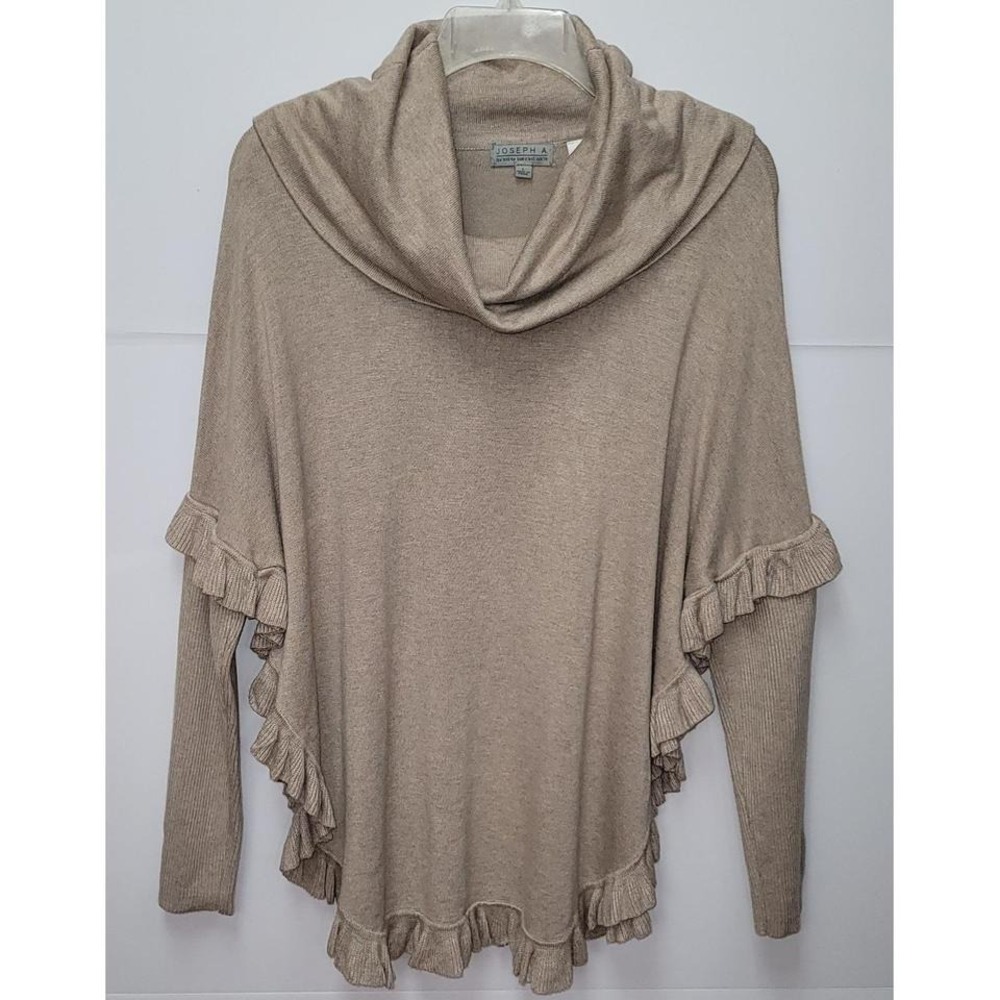 JOSEPH A Cowl Neck Poncho Sweater Ruffled Sleeve/Hem Tan L Lagenlook Preppy Boho